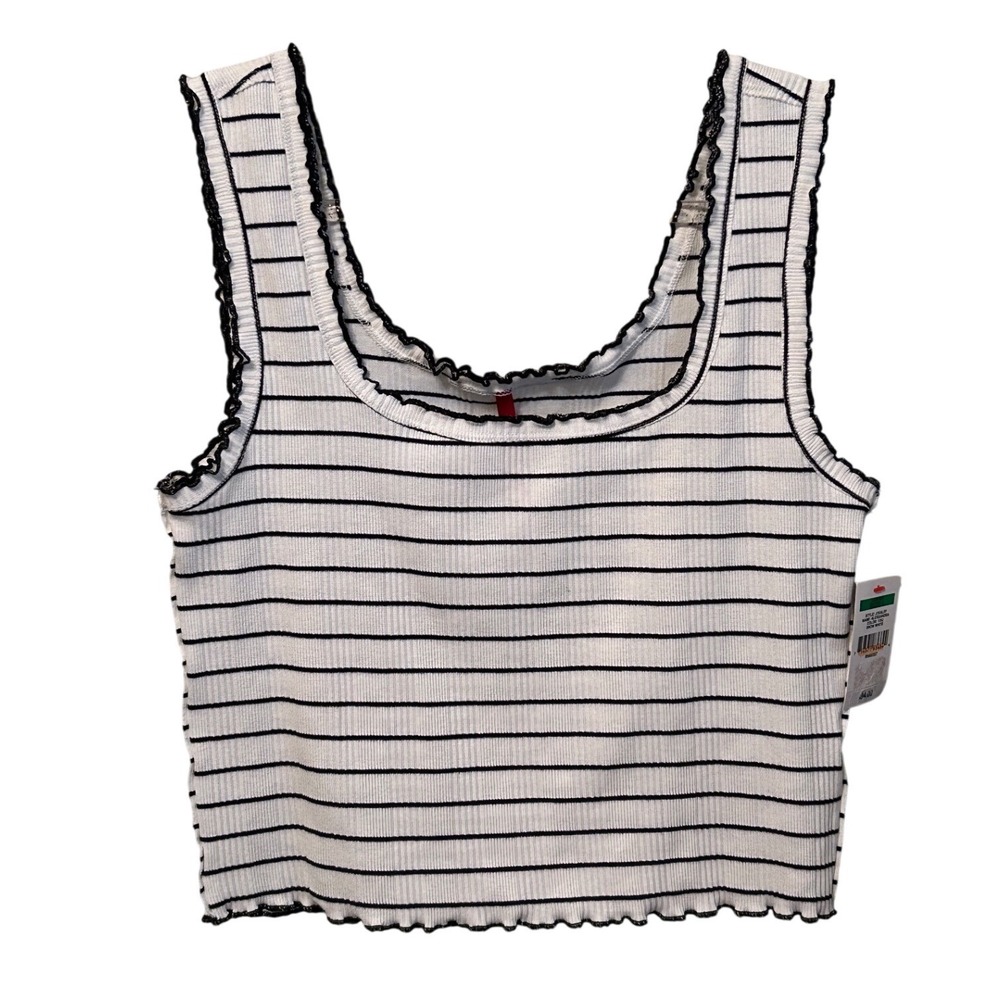 Unionbay Ribbed Striped Cropped Tank Top Size L Black‎ White Ruffle Trim